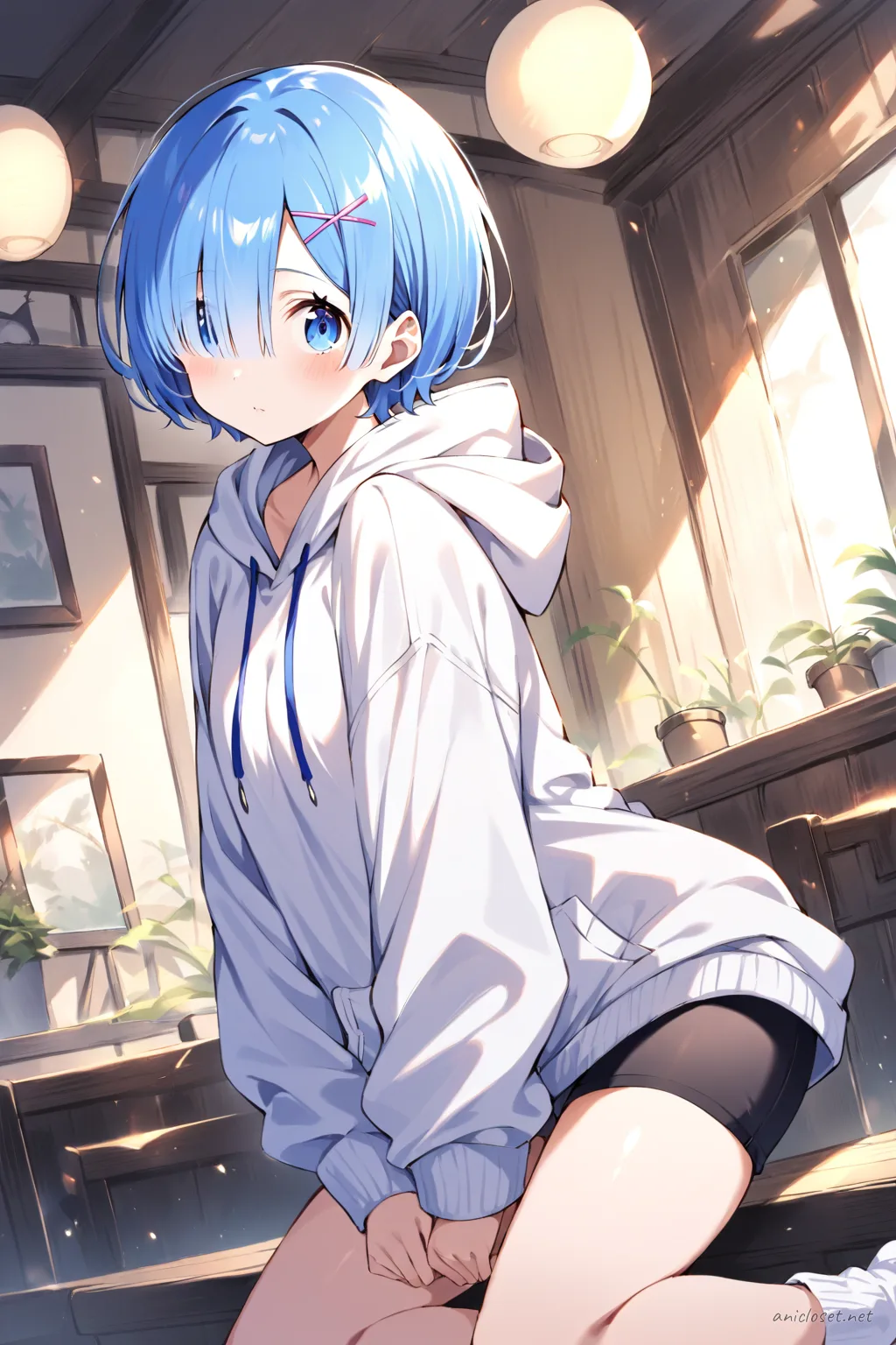 Illustration of Rem from Re:Zero wearing an oversized hoodie with drawstrings and mid-thigh casual shorts, shown knee-up with soft studio lighting