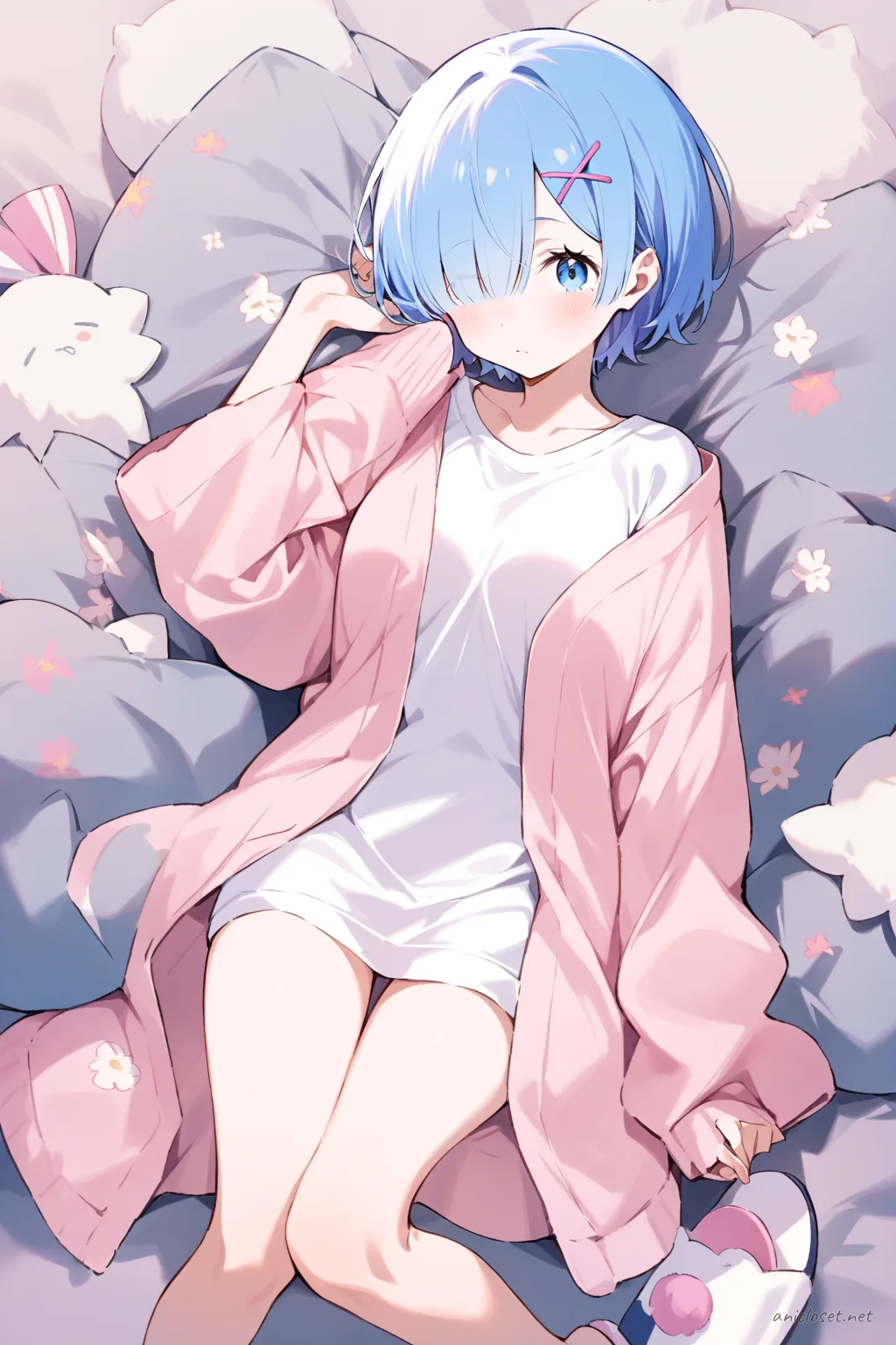 Full-body illustration of Rem from Re:Zero wearing a pastel pink soft robe over a white knee-length tee dress, standing with slip-on slippers against a clean studio backdrop