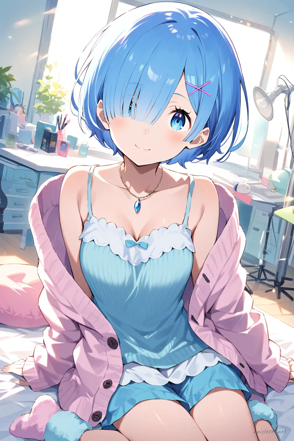 Illustration of Rem from Re:Zero in a pastel oversized knit sweater, loose lounge shorts, and fuzzy pastel socks, knee-up half-body view with soft studio lighting