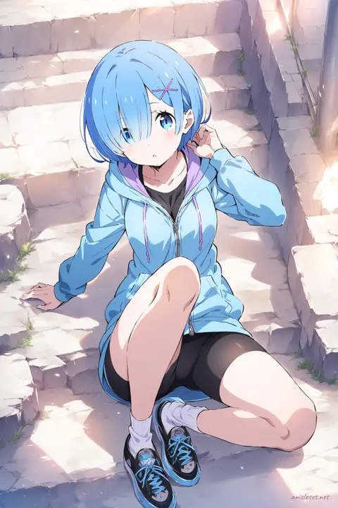 Full-body three-quarter view illustration of Rem wearing a pastel blue zip-up hoodie with front pockets and black fitted bike shorts, paired with ankle socks and slip-on sneakers against a simple clean background