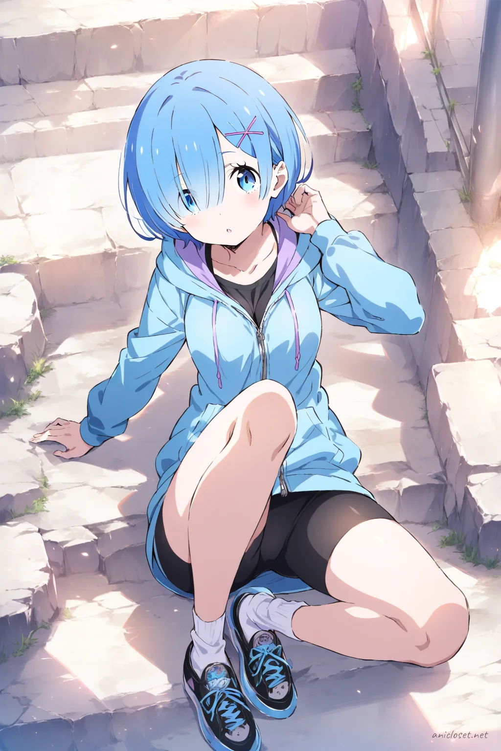 Full-body three-quarter view illustration of Rem wearing a pastel blue zip-up hoodie with front pockets and black fitted bike shorts, paired with ankle socks and slip-on sneakers against a simple clean background