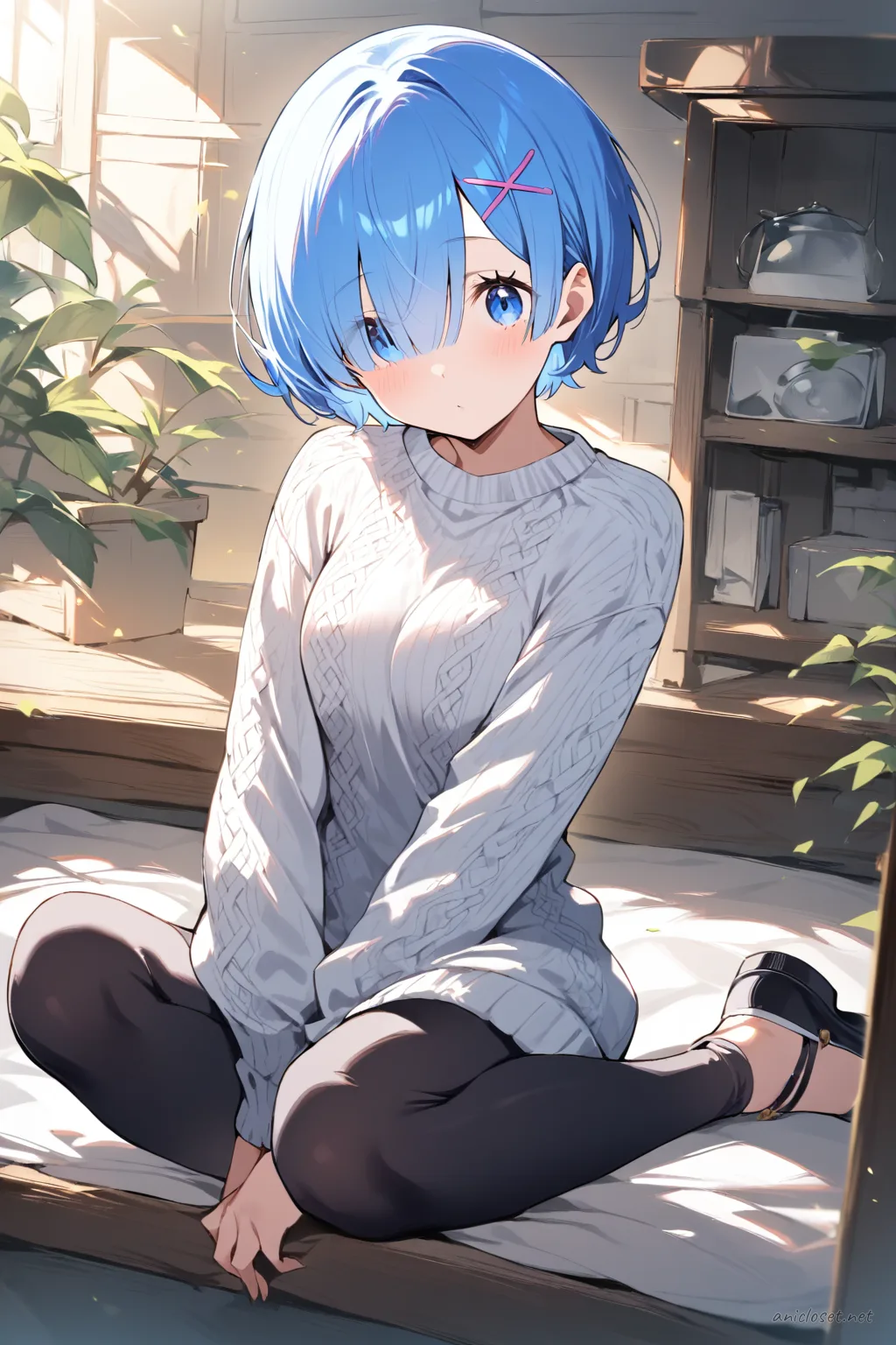 Full-body three-quarter view of Rem wearing a long cable knit tunic with crew neck and long sleeves paired with black opaque ankle-length leggings and flat slippers, set against a clean indoor background
