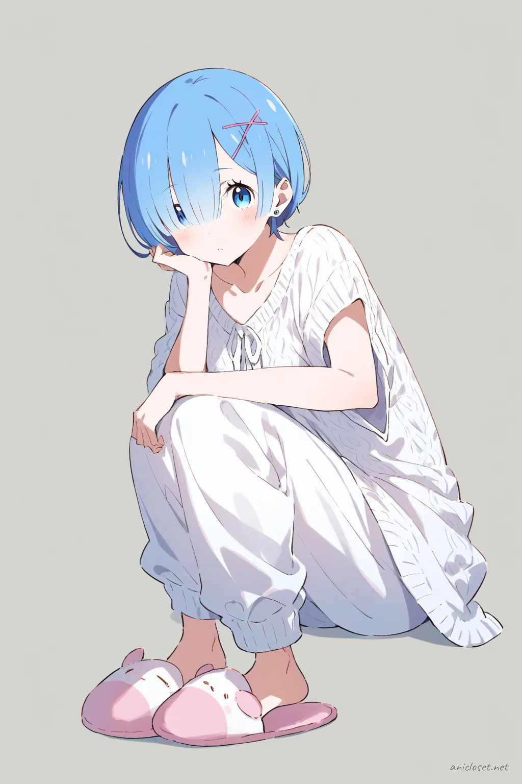 Full-body three-quarter view illustration of Rem from Re:Zero wearing soft cotton pajama top, loose pajama shorts, lightweight robe draped, cozy knit slippers, hair towel optional, no makeup, simple silver stud earrings, on a clean studio background