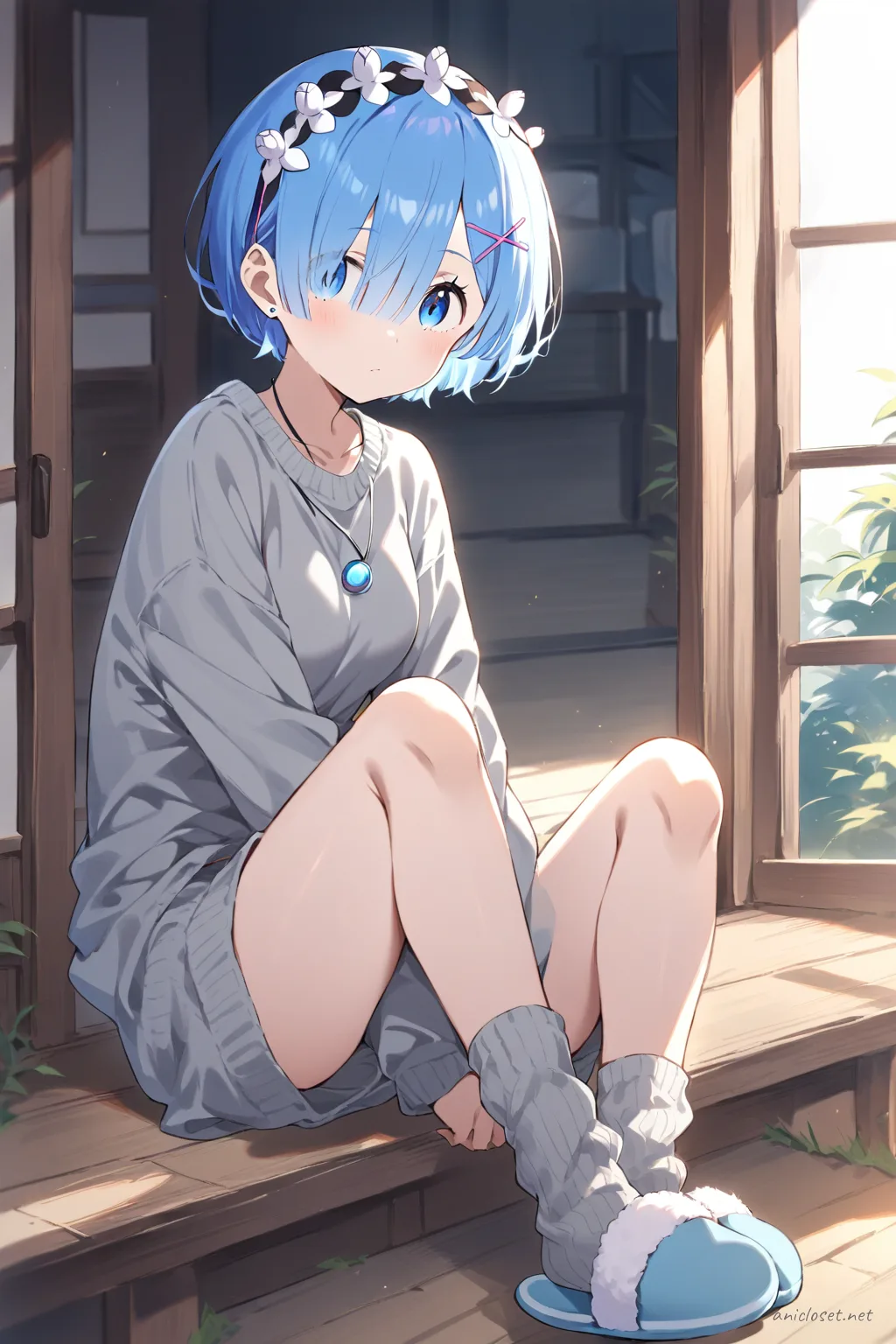 Full-body illustration of Rem standing in a gray knit sweater and matching lounge pants with cozy wool socks and slip-on slippers against a clean studio background