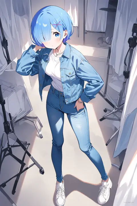 Full-body illustration of Rem from Re:Zero wearing a white t-shirt, light blue denim jacket, high-waisted skinny jeans, and white low-top sneakers, standing against a clean studio backdrop
