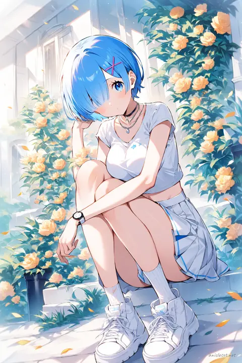 Half-body illustration of Rem wearing a white short-sleeve crop top and pleated white tennis skirt with white sneakers against a clean background