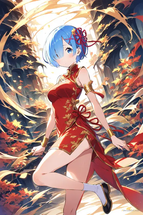 Full-body illustration of Rem from Re:Zero wearing a classic red qipao with gold trim, modest hem, high collar, and black ballet flats, standing against a clean studio backdrop