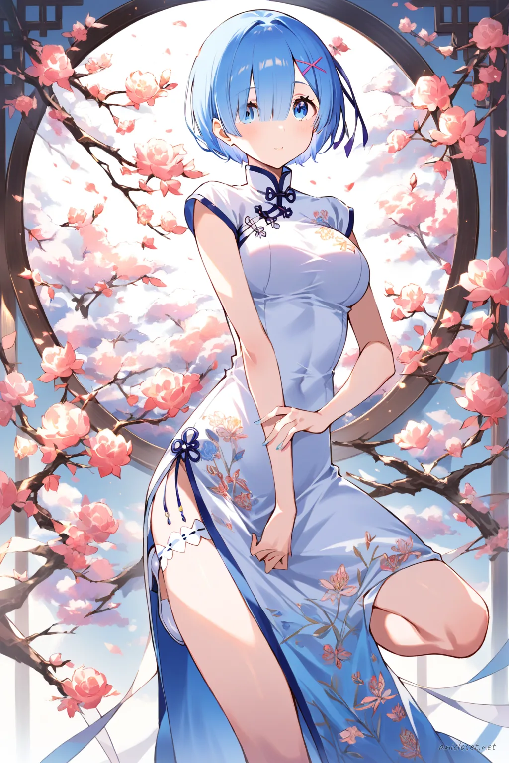 Full-body three-quarter view illustration of Rem wearing a navy sleeveless cheongsam with subtle floral embroidery, high collar, side slit, white piping trim, white ankle-strap heels, simple silver bracelet, and minimalistic stud earrings against a clean studio background.