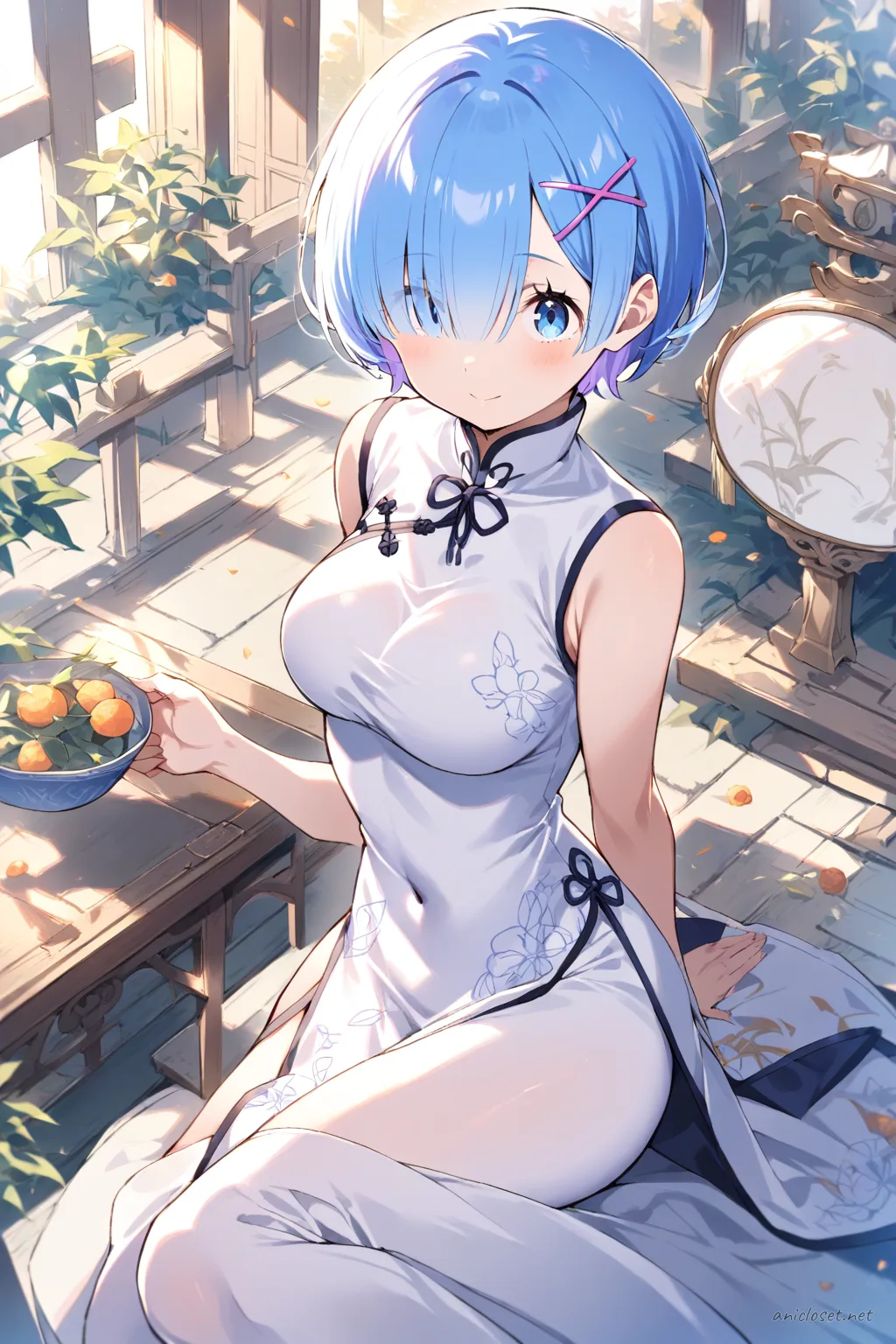 Full-body illustration of Rem from Re:Zero wearing a white silk sleeveless qipao with high slit and mandarin collar, standing against a clean studio backdrop