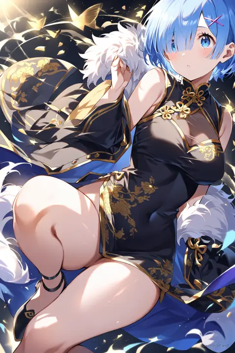 Full-body illustration of Rem wearing a black qipao with high collar and side slits, paired with black ankle-strap heels and red tassel earrings, standing against a clean studio backdrop