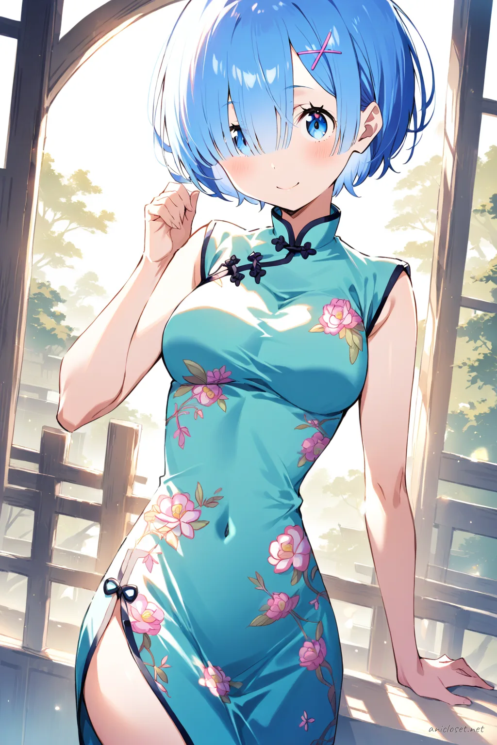 Full-body three-quarter view illustration of Rem from Re:Zero wearing a teal modern cut sleeveless qipao with high slit, decorative frog buttons, sheer black stockings, black stiletto heels, silver bangle, and holding a small clutch purse against a clean studio background