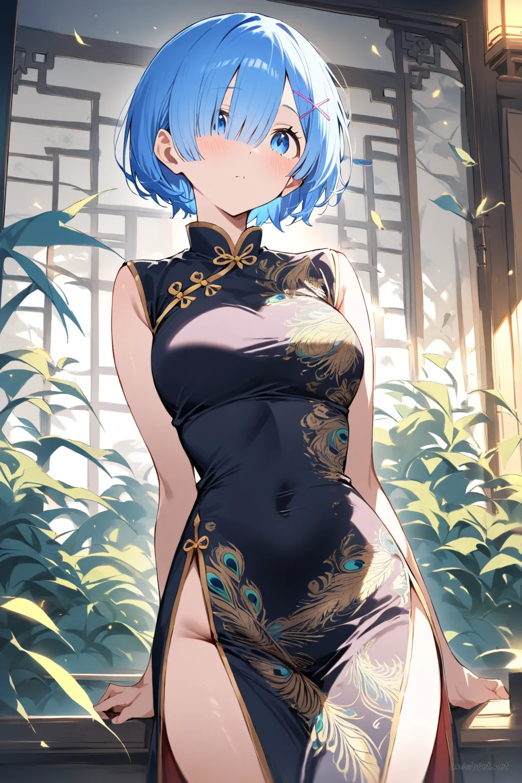 Illustration of Rem from Re:Zero wearing a patterned silk qipao with peacock motif, high mandarin collar, and subtle gold embroidery in soft studio lighting