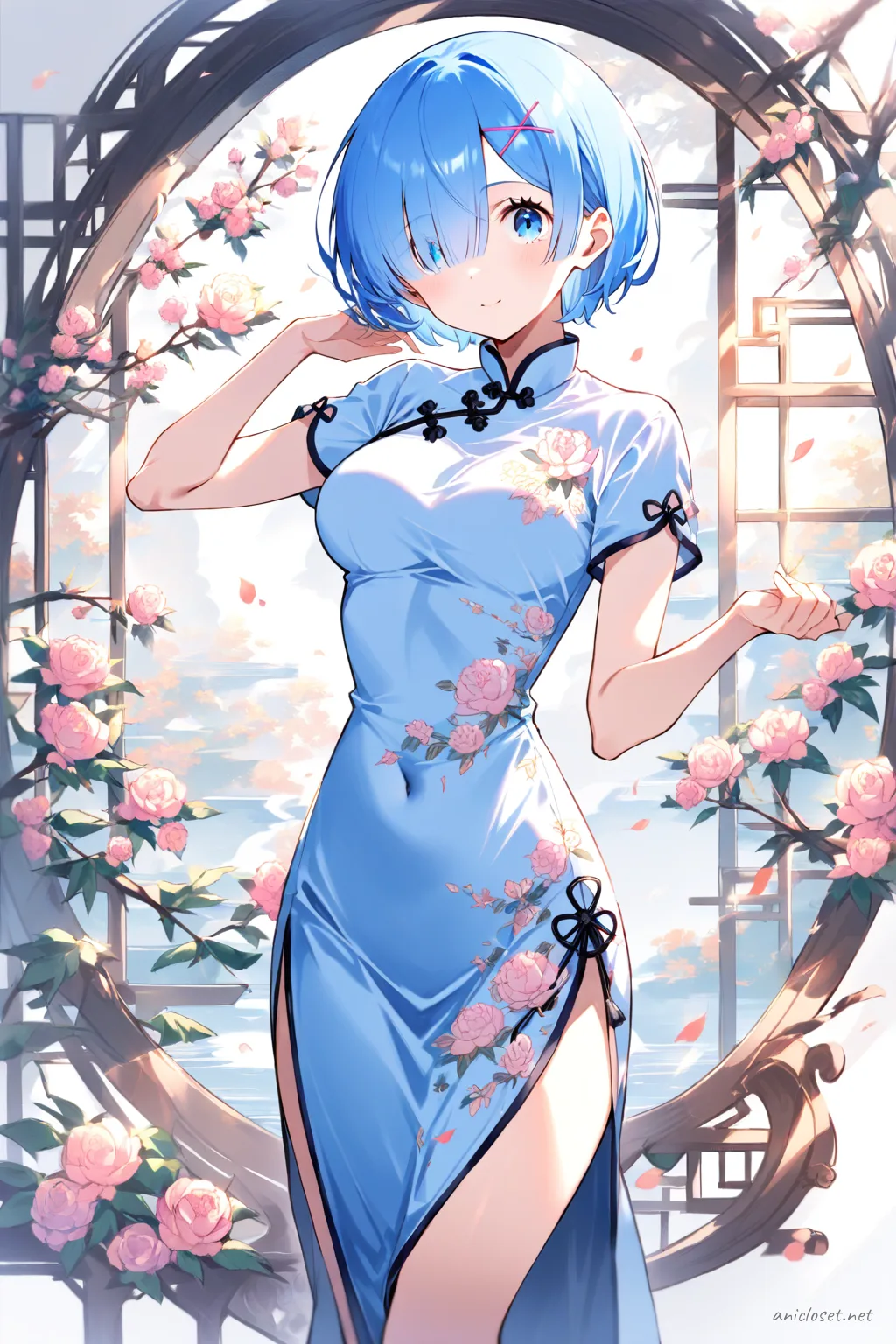 Full-body three-quarter view of Rem wearing a short-sleeve summer qipao with floral embroidery, fitted waist, and high side slit in white and light blue silk