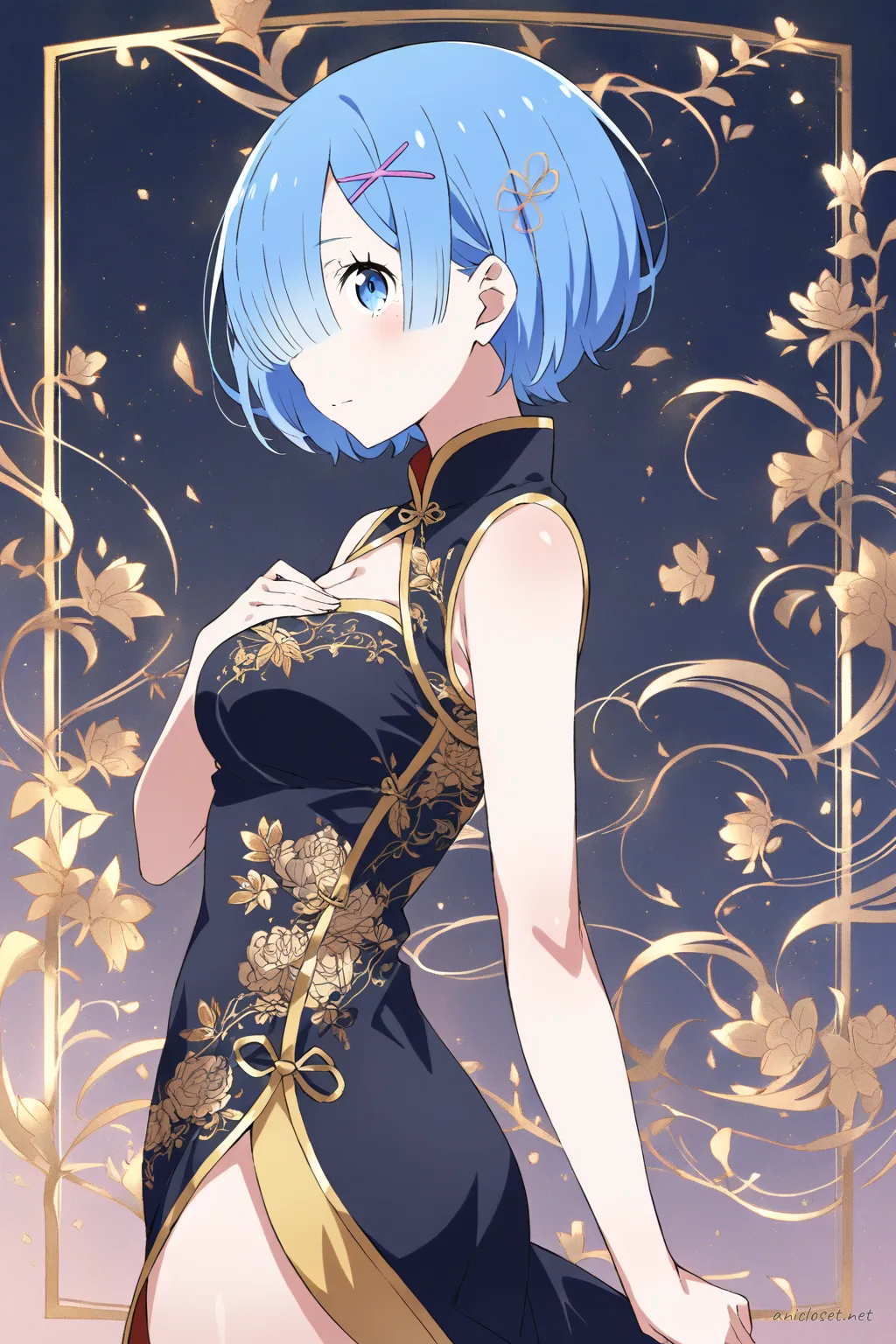 Illustration of Rem from Re:Zero wearing a fitted black silk qipao with gold floral embroidery, high collar, side slit, and gold piping under soft studio lighting