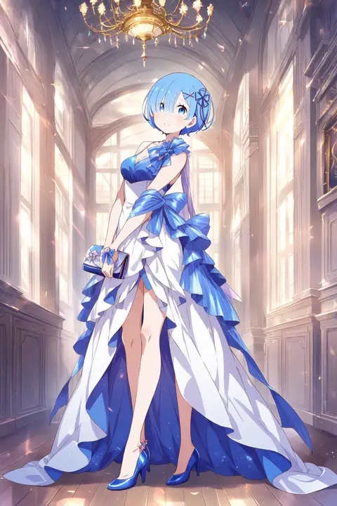 Full-body three-quarter view illustration of Rem wearing a sleeveless, floor-length satin evening gown with a V-neck, slit skirt, sheer gloves, pearl necklace and earrings, holding a clutch bag, against a simple studio background