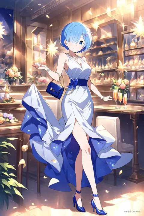 Full-body three-quarter view of Rem from Re:Zero wearing a sleeveless knee-length cocktail dress with fitted waist, v-neck, elegant ankle strap heels, clutch bag, pearl earrings, sheer stockings, and simple necklace on a clean background