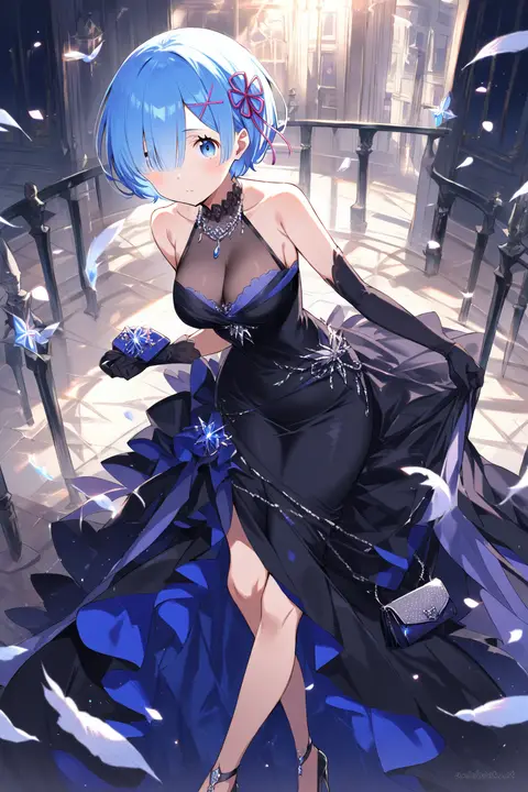 Illustration of Rem from Re:Zero in a black tie gown and black opera gloves, standing in a full-body pose against a clean studio backdrop