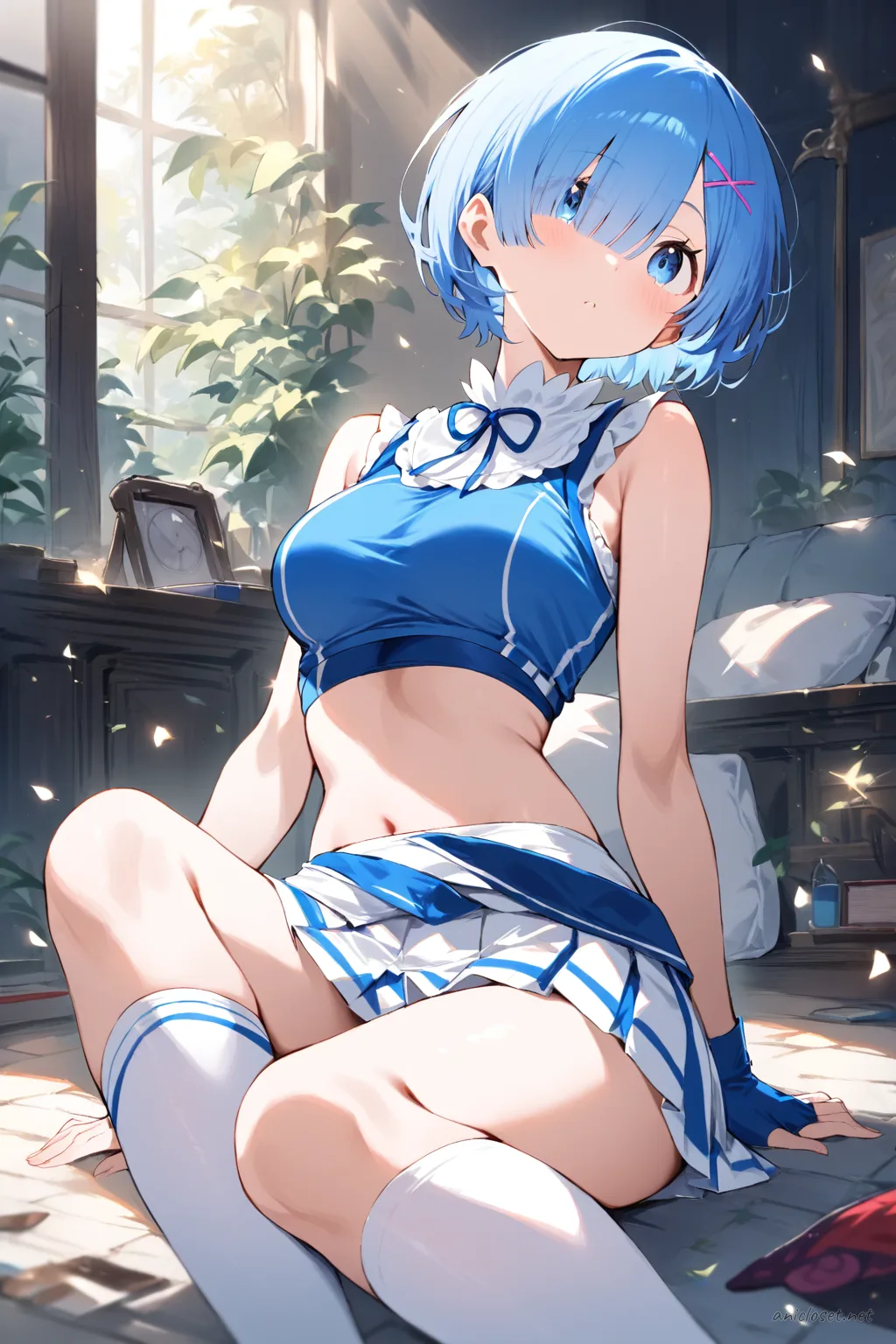 Knee-up half-body illustration of Rem in a white and blue sporty crop top and pleated mini skirt with wireless microphone headset