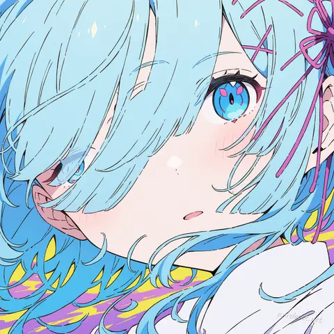 Three-quarter portrait of Rem from Re:Zero wearing a floral patterned kimono with furisode sleeves and traditional hair ornament, set against a simple background