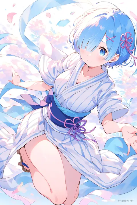 Full-body illustration of Rem from Re:Zero wearing a summer yukata with simple vertical stripes, tied obi sash, and traditional geta sandals, standing in a clean studio setting
