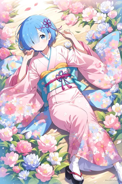 Illustration of Rem from Re:Zero wearing a pastel pink kimono with soft spring floral patterns, light obi sash, and delicate accessories in a knee-up half-body pose under soft studio lighting