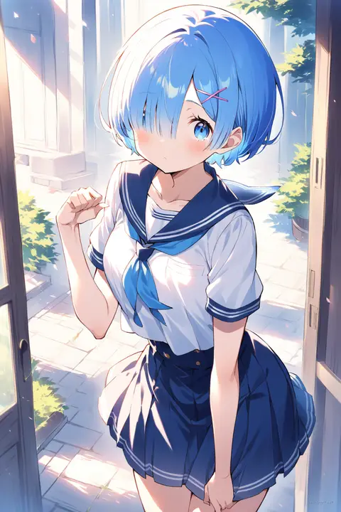 Full-body three-quarter view illustration of Rem from Re:Zero wearing a navy blue sailor collar school uniform with pleated skirt, knee-high socks, and black loafers on a clean background