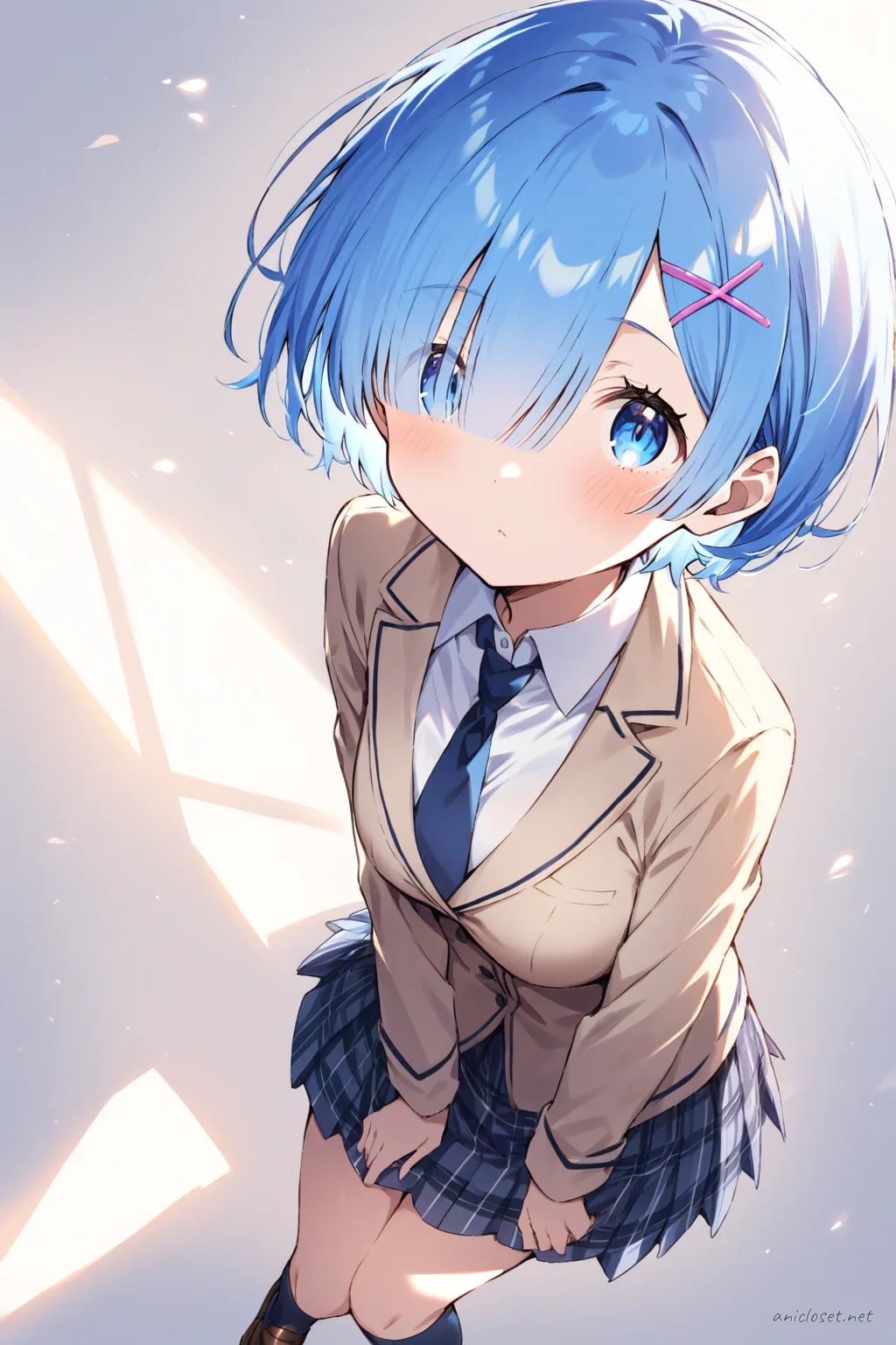 Illustration of Rem from Re:Zero wearing a beige blazer, navy necktie, pleated plaid skirt, knee-high socks, and brown loafers in a soft-lit studio setting