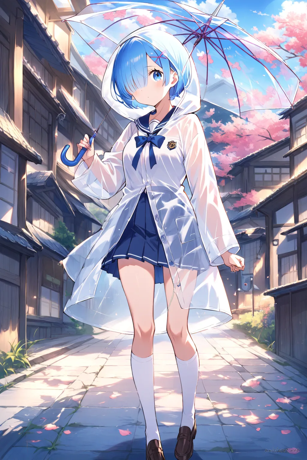 Full-body three-quarter view illustration of Rem wearing a Japanese school uniform with a sailor collar blouse, pleated skirt, knee-high socks, loafers, transparent hooded raincoat, and holding an umbrella against a simple background