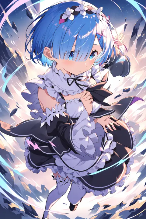 Full-body three-quarter view illustration of Rem from Re:Zero wearing her signature frilled maid dress with puffed sleeves, white apron, black ribbon necktie, thigh-high stockings, black mary jane shoes, lace cuffs, and white gloves against a simple studio background