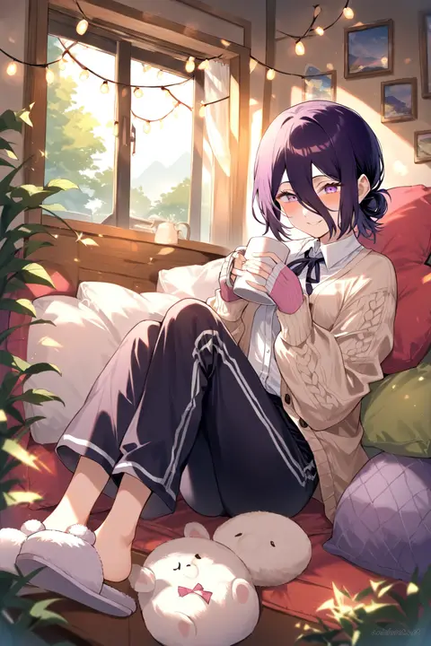Full-body illustration of Reze in a chunky oversized knit cardigan over lace camisole, striped soft cotton pajama pants, and plush bunny slippers, standing against a clean studio backdrop