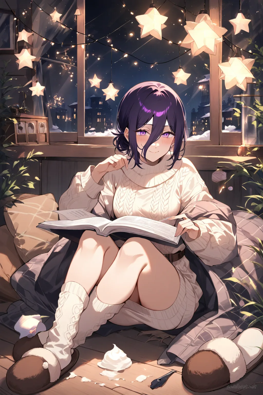 Full-body illustration of Reze wearing a cream cable knit sweater dress with brown belt, fuzzy knee socks, and beige house slippers, standing in a clean studio backdrop