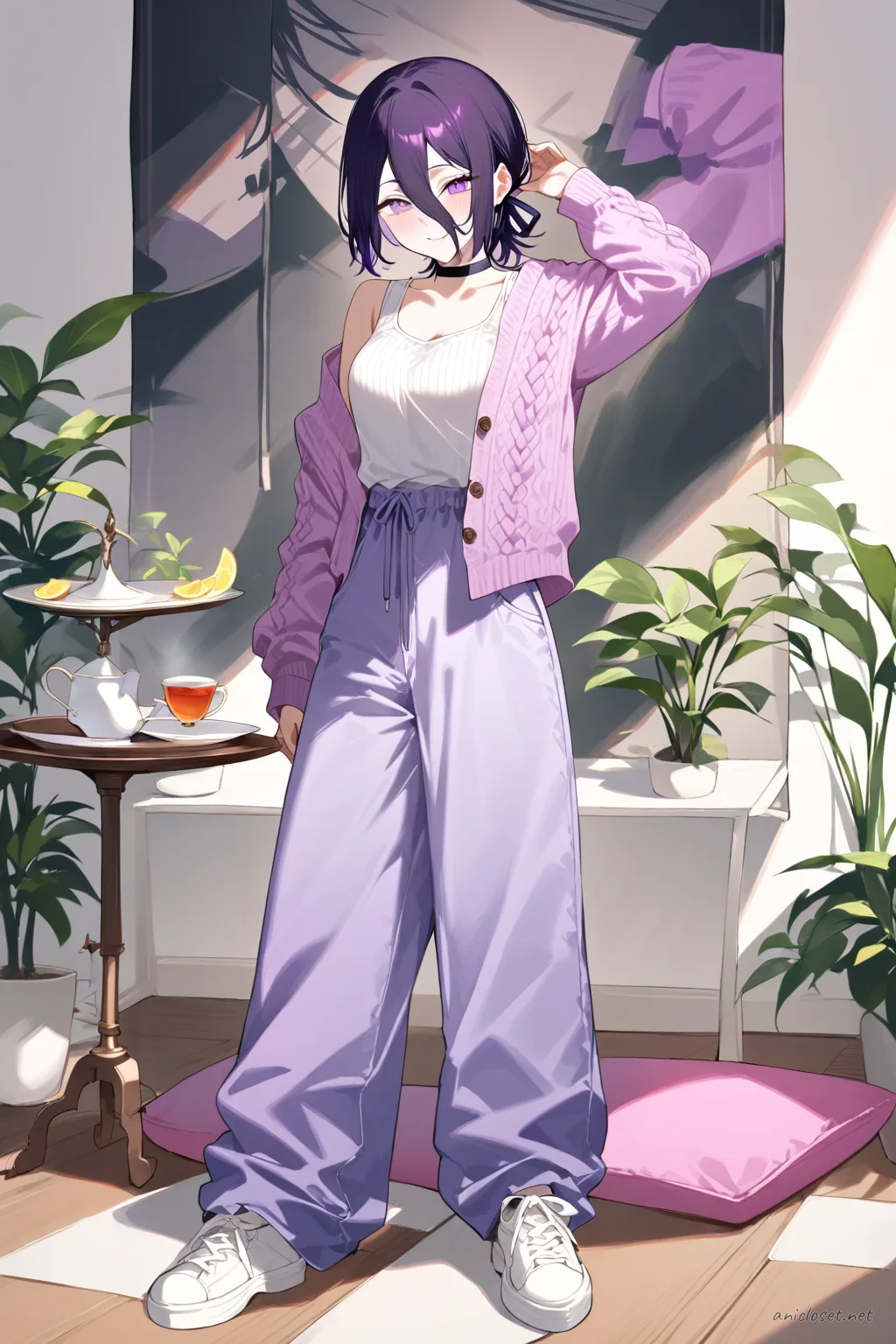 Full-body illustration of Reze standing in a soft knit tank top, short cardigan, wide pastel pants, hair ribbon, with shoes visible against a clean studio backdrop