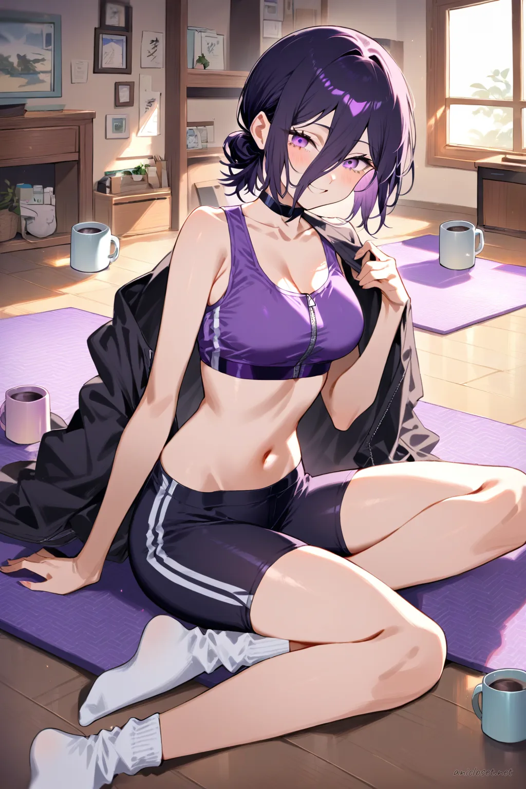 Illustration of Reze wearing a black zip-up hoodie half-open over a purple sport bra top and black bike shorts, stretching on a cozy yoga mat in a tidy living room with soft natural light