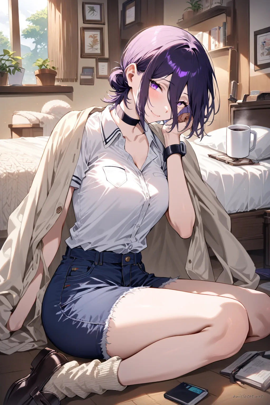 Full-body illustration of Reze standing in a casual lounge outfit with oversized white cotton button-up shirt, light denim cutoff shorts, beige towel turban, and leather loafers in soft sunrise lighting