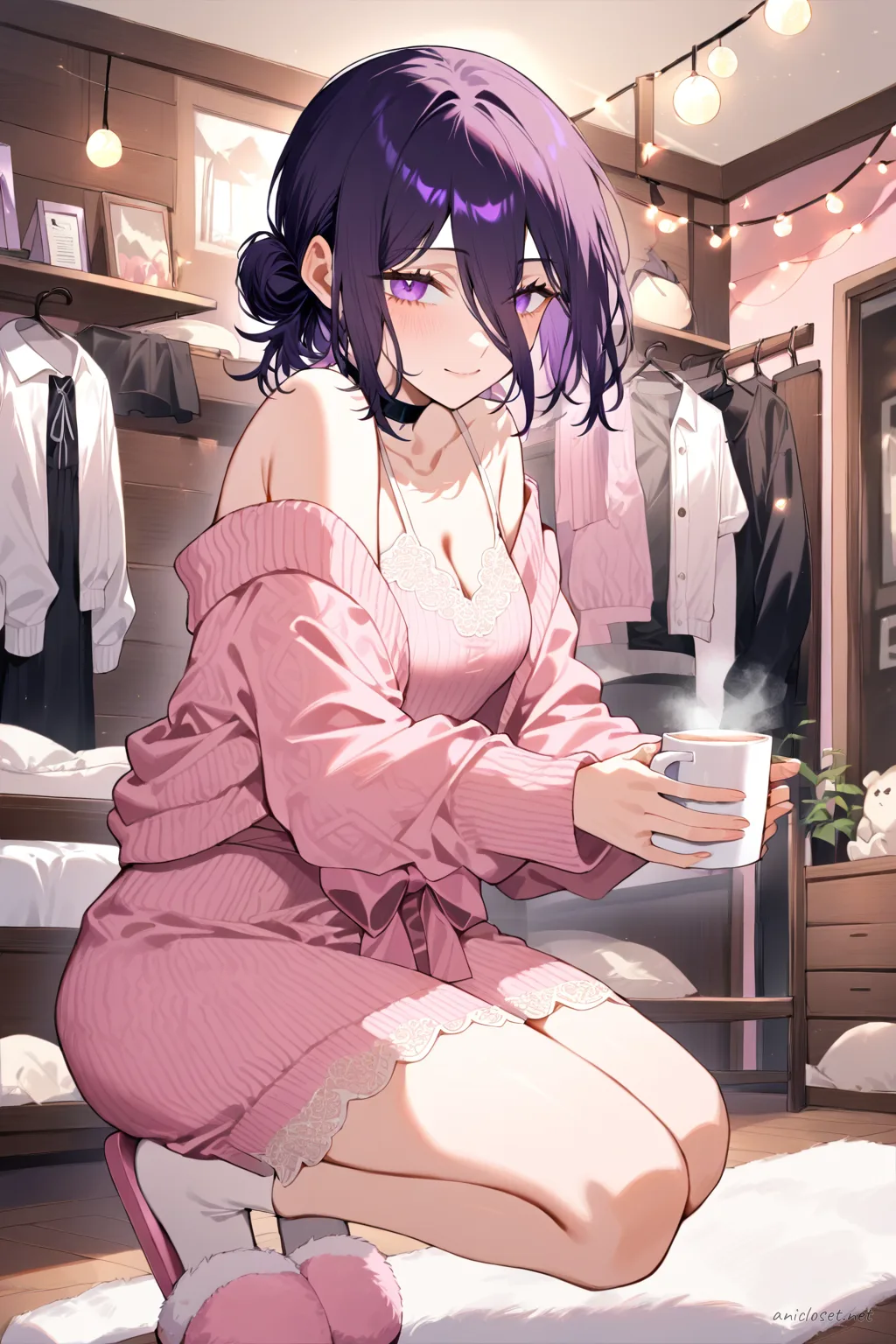 Full-body three-quarter view of Reze in a soft pink knit lounge dress with ribbon waist bow and lace hem, long sheer sleeves, fluffy pink slippers, holding a ceramic tea mug, twirling in a bedroom with hanging clothes rack and string fairy lights