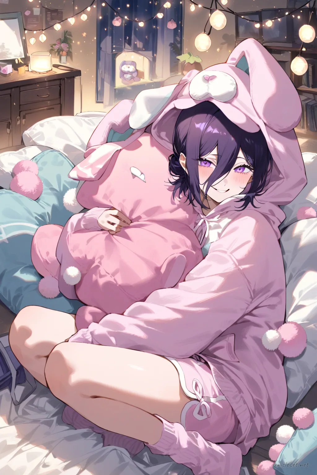 Full-body three-quarter view of Reze wearing pastel pink fleece animal hoodie with sewn plush pig ears, matching shorts, fuzzy knit socks, holding a pillow fort blanket in a cozy living room with warm fairy lights and plush pillows