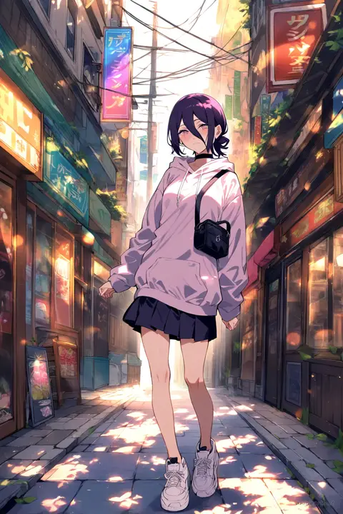 Full-body illustration of Reze walking mid-stride wearing an oversized pastel pink hoodie, white pleated mini skirt, white chunky sneakers, and black crossbody bag on a sunlit shopping street with storefront signs and lens flare