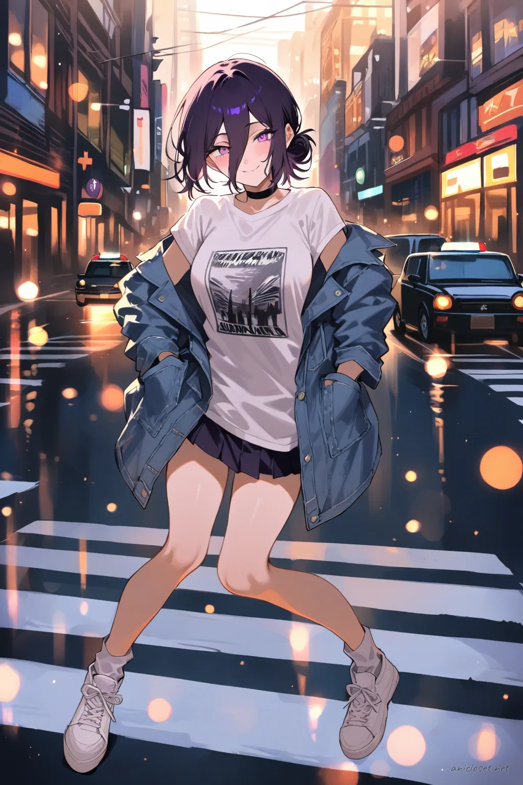 Illustration of Reze wearing a washed denim jacket, white graphic tee, black mini skirt, and chunky white sneakers standing at a zebra crosswalk with blurred city traffic in the background