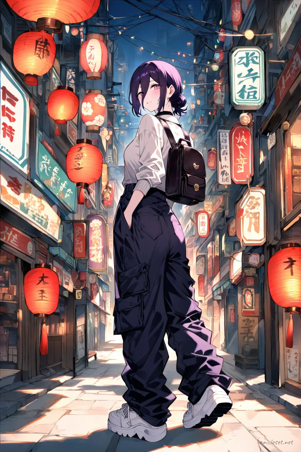 Full-body illustration of Reze in a cropped knit sweater layered over a long-sleeve shirt, loose cargo pants with side pockets, chunky platform sneakers, and a tiny leather backpack, looking back over her shoulder in a busy shopping arcade with hanging red paper lanterns during golden hour