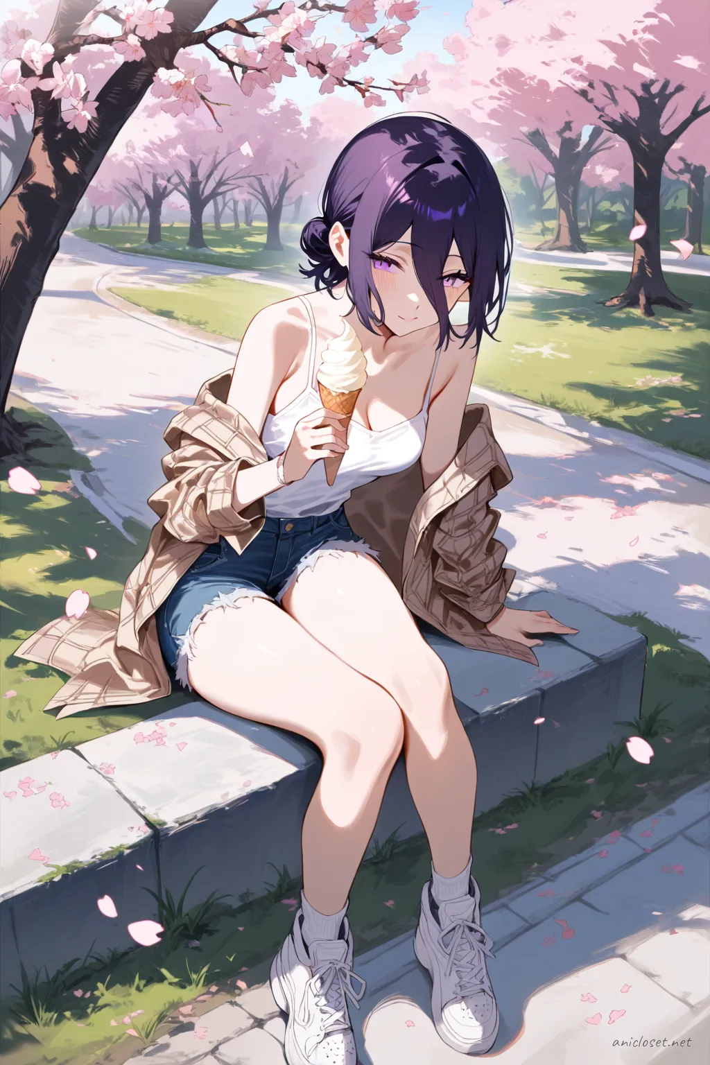 Full-body street snap of Reze wearing plaid shirt layered over white camisole, denim shorts, and white sneakers, sitting on curb with ice cream; cherry blossom trees and park path in background under golden hour lighting