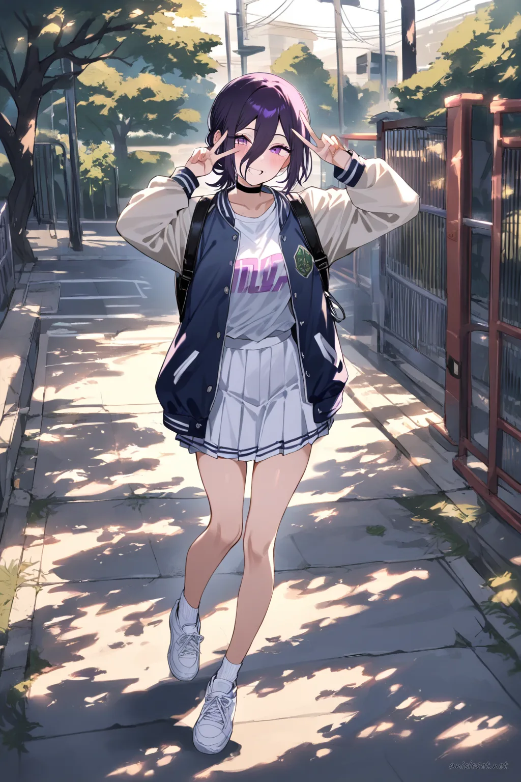 Full-body illustration of Reze walking outside a school gate wearing a varsity jacket, white tennis skirt, white sneakers, and casual backpack with late-afternoon shadows