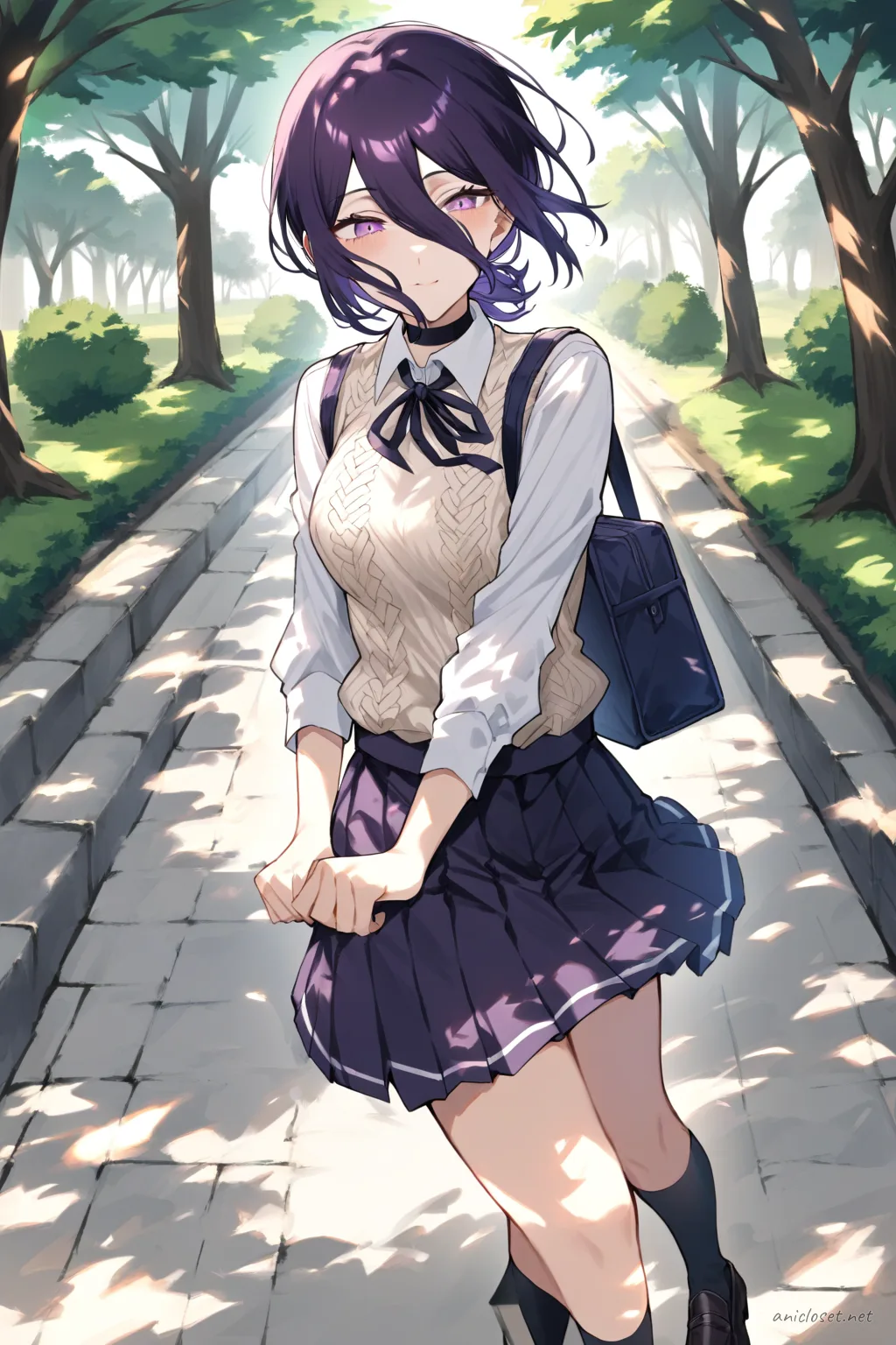 Full-body illustration of Reze in street casual outfit with knit vest, white blouse, pleated mini skirt, black loafers, and book bag walking briskly along a tree-lined avenue with dappled sunlight