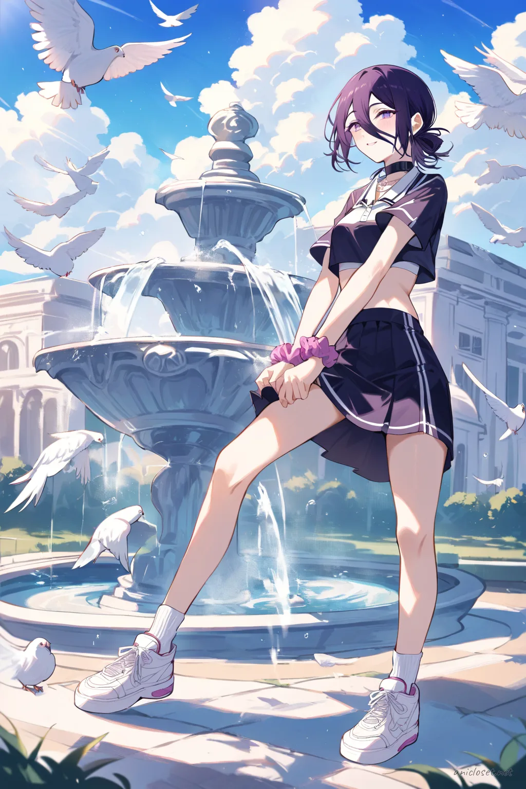 Illustration of Reze in a white cropped tee and black tennis skirt, twirling near an open plaza fountain with pigeons under a bright blue sky