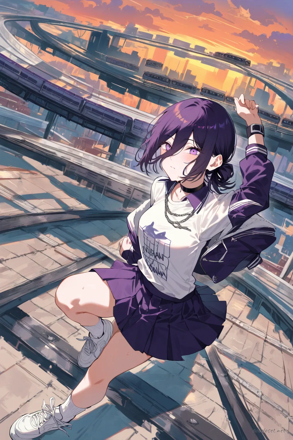 Full-body illustration of Reze in a cropped bomber jacket and short pleated tennis skirt walking under elevated train tracks with a motion blur train above