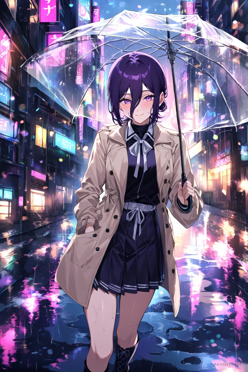 Reze wearing pastel beige trench coat with ribbon belt and pleated skirt, holding clear umbrella on rainy neon street with puddle reflections