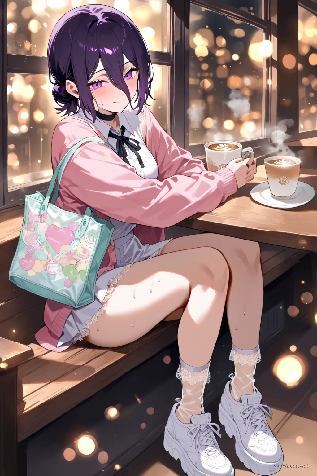 Illustration of Reze seated by a cafe window wearing a pastel pink cardigan, white lace-trimmed mini skirt, and pastel hair clips with a steam latte and rainy street bokeh outside