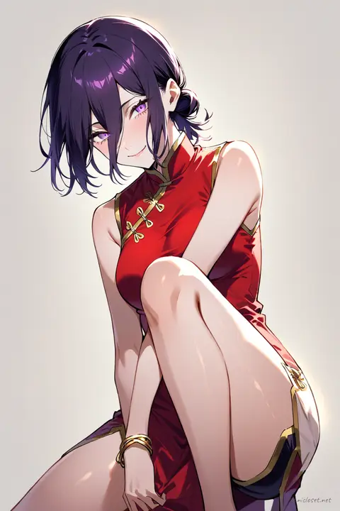 Knee-up half-body illustration of Reze wearing a classic red qipao with gold trim and frog buttons under soft studio lighting