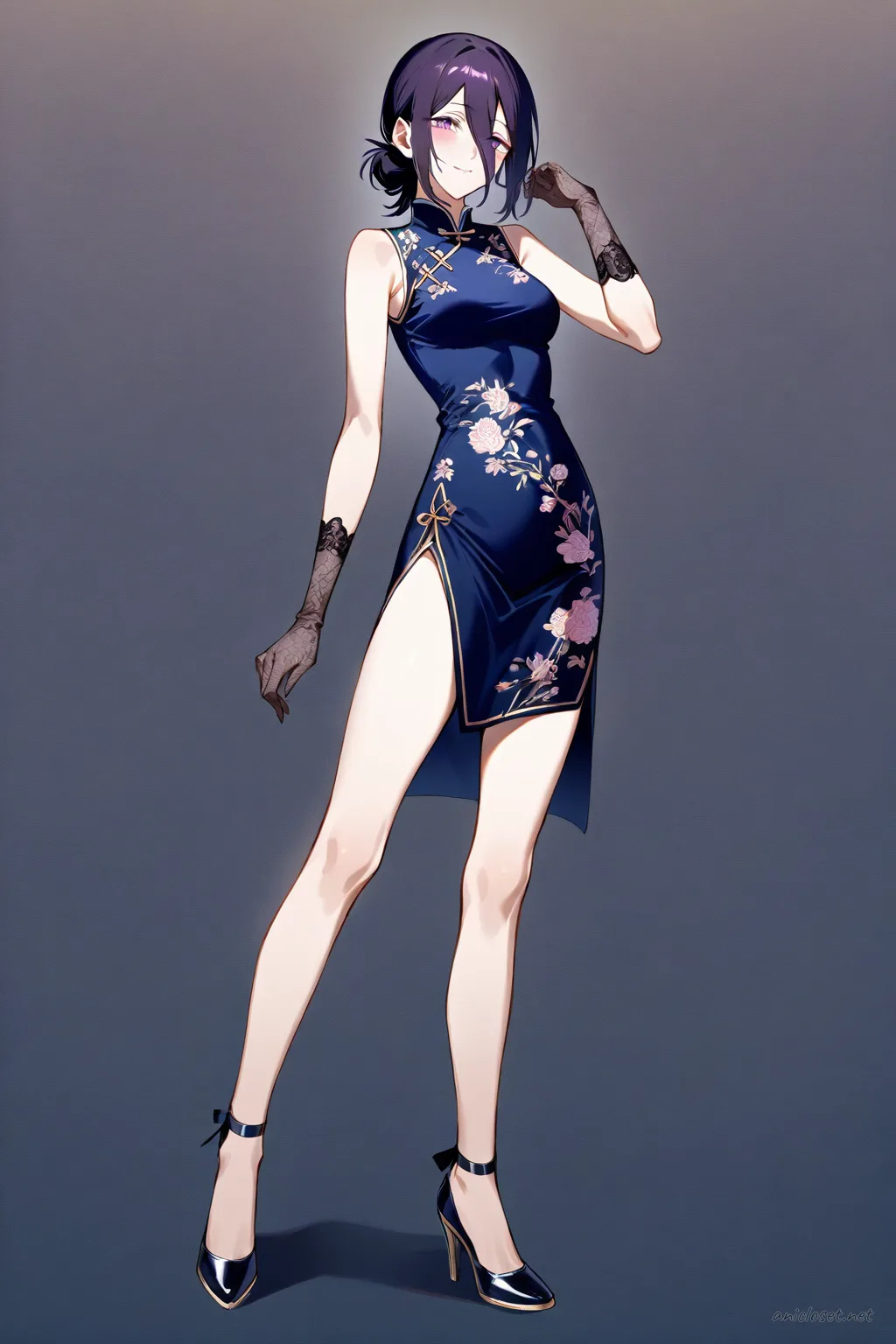 Full-body illustration of Reze wearing a navy cheongsam with subtle floral embroidery, side slits, black ankle-strap heels, and sheer black lace gloves, standing against a clean studio backdrop