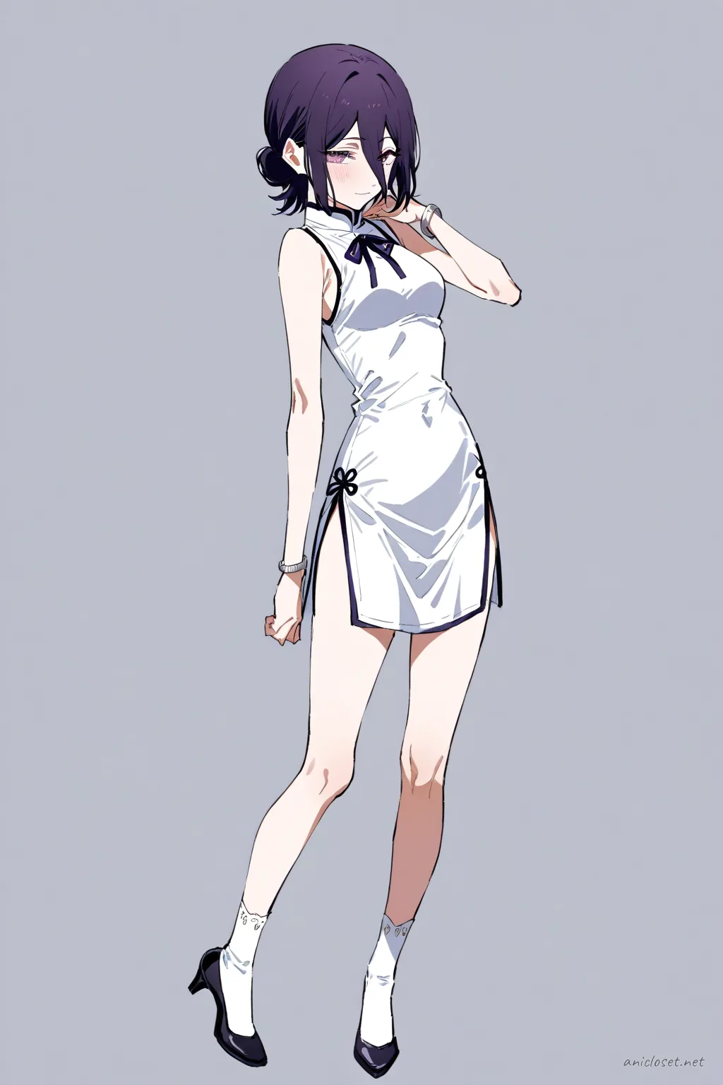 Full-body illustration of Reze wearing a white silk qipao with lace trim and frog buttons, standing in a clean studio background with white kitten heels and sheer ankle socks