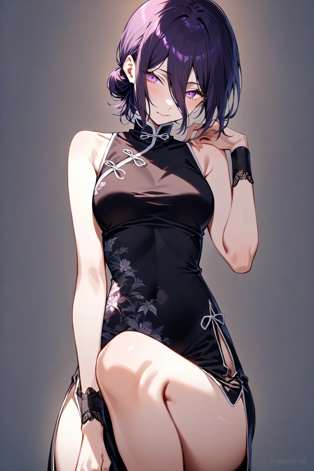 Knee-up illustration of Reze wearing a black gothic qipao with high collar and lace panels under soft studio lighting